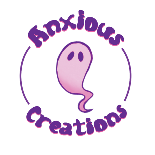 Logo of 'Anxious Creations' with a pink ghost illustration on a white background
